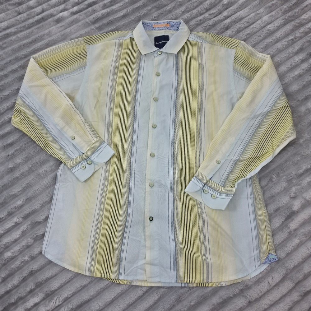 Tommy Bahama Mens Large Yellow Blue Striped Long Sleeve Cotton Button Down Shirt